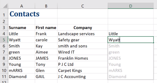 Flash Fill surnames change case in new excel